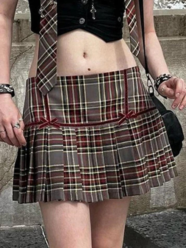 Vintage Plaid Print Bow Decor Pleated Low Rise Mini Skirt - AnotherChill