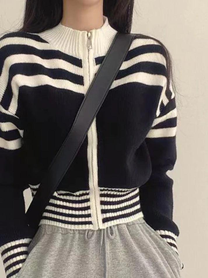 Collar Neck Stripe Short Cardigan - AnotherChill