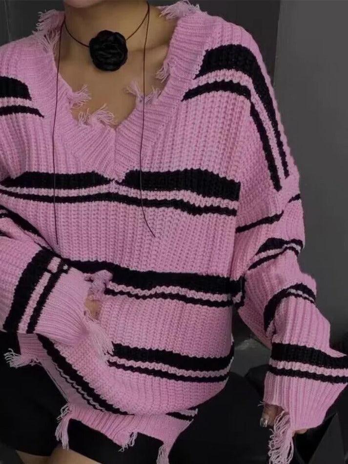 Striped V Neck Frayed Tassel Knit Sweater - AnotherChill