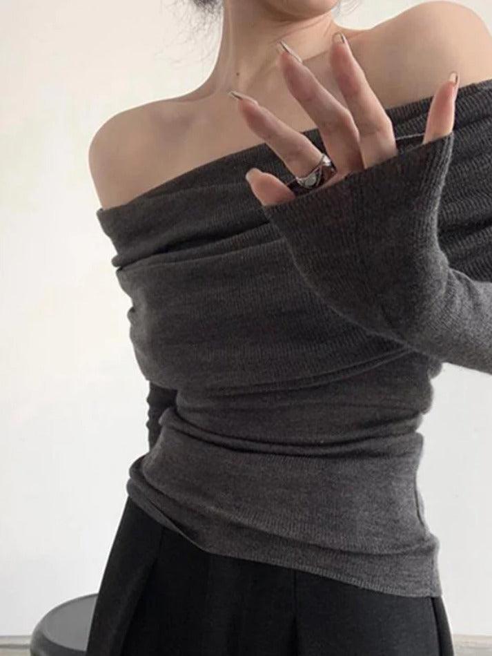 French Off Shoulder Slim Long Sleeve Knit - AnotherChill