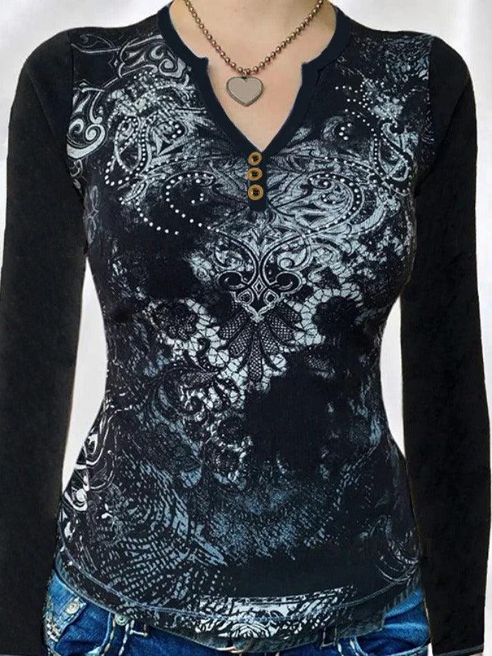 Gothic Print V Neck Long Sleeve Tee - AnotherChill