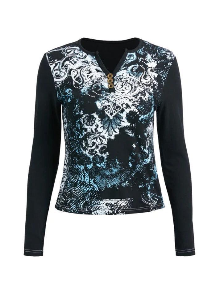 Gothic Print V Neck Long Sleeve Tee - AnotherChill