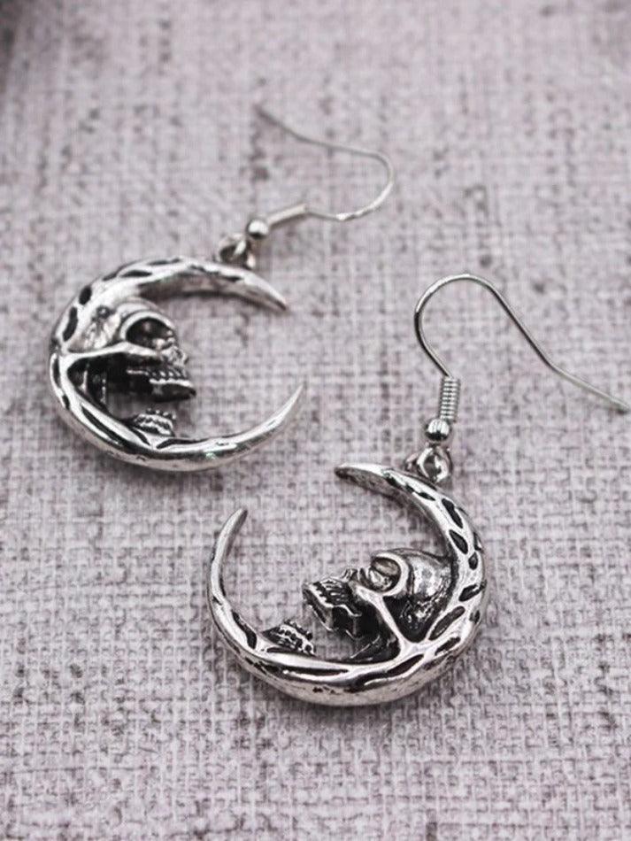 Gothic Punk Skull Crescent Moon Drop Earrings - AnotherChill