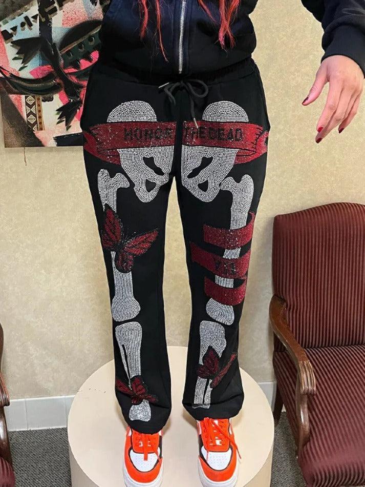 Gothic Skull Rhinestone Print Sweatpants - AnotherChill