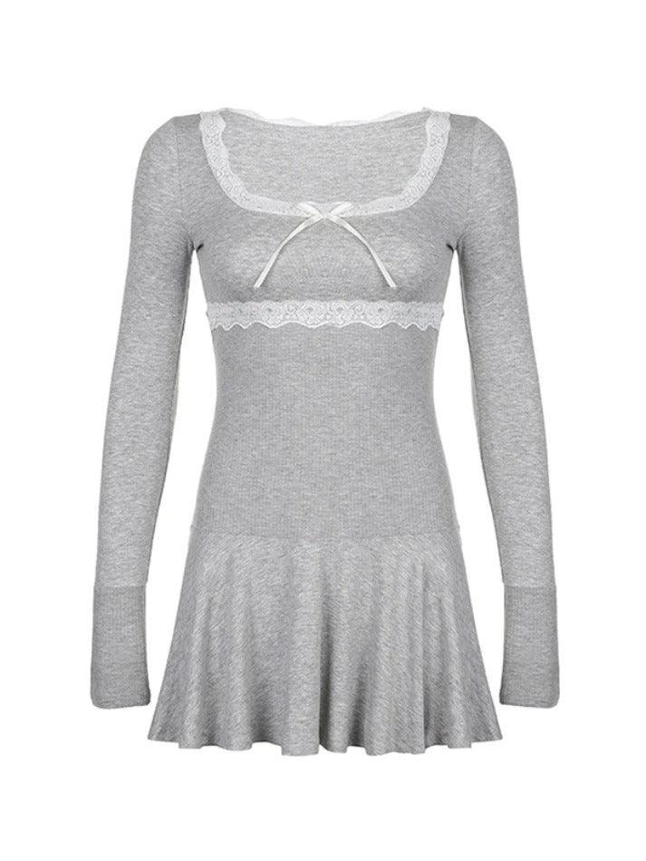 Lace Splice Bow Decor Square Neck Mini Dress - AnotherChill