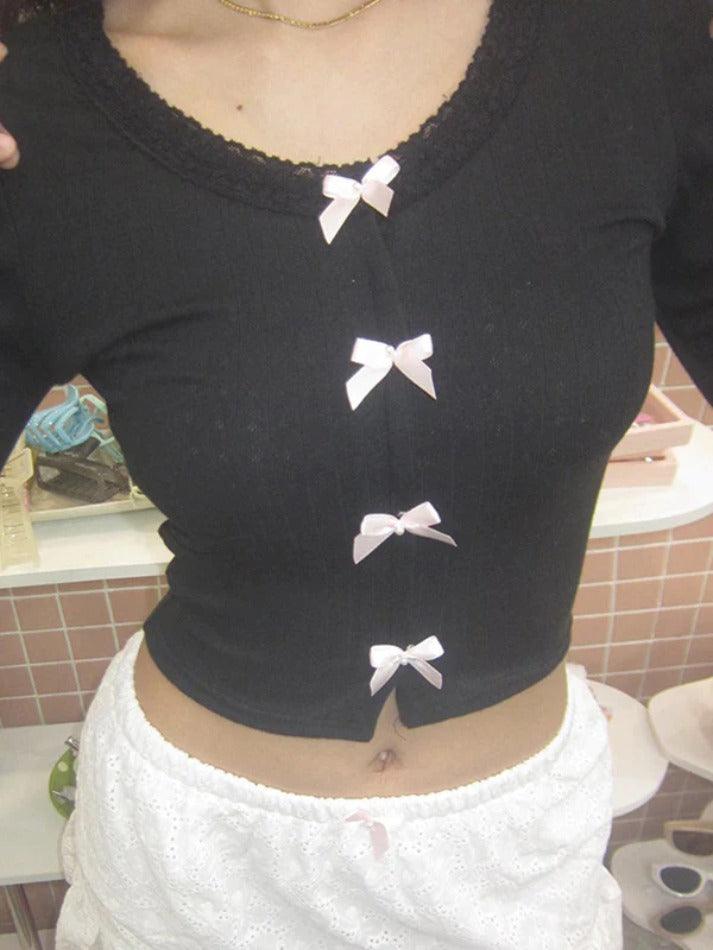 Lace Trim Bow Decor Crop Long Sleeve Knit - AnotherChill