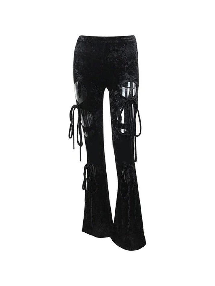 Lace Up Cutout Velvet Flare Leg Pants - AnotherChill