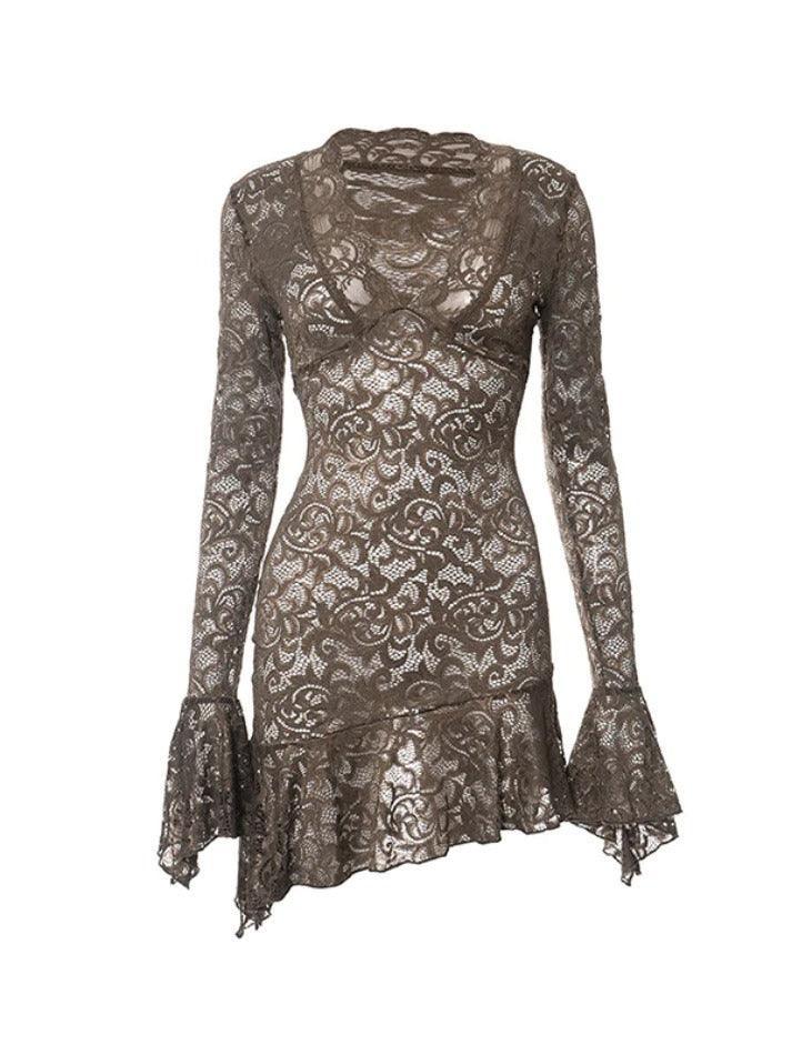 Lace V Neck Trumpet Sleeve Mini Dress - AnotherChill