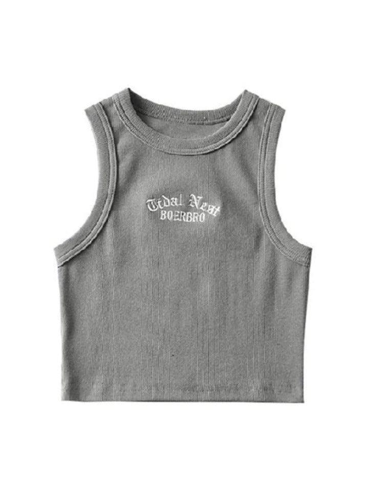 Letter Embroidery Ribbed Cropped Tank Top - AnotherChill