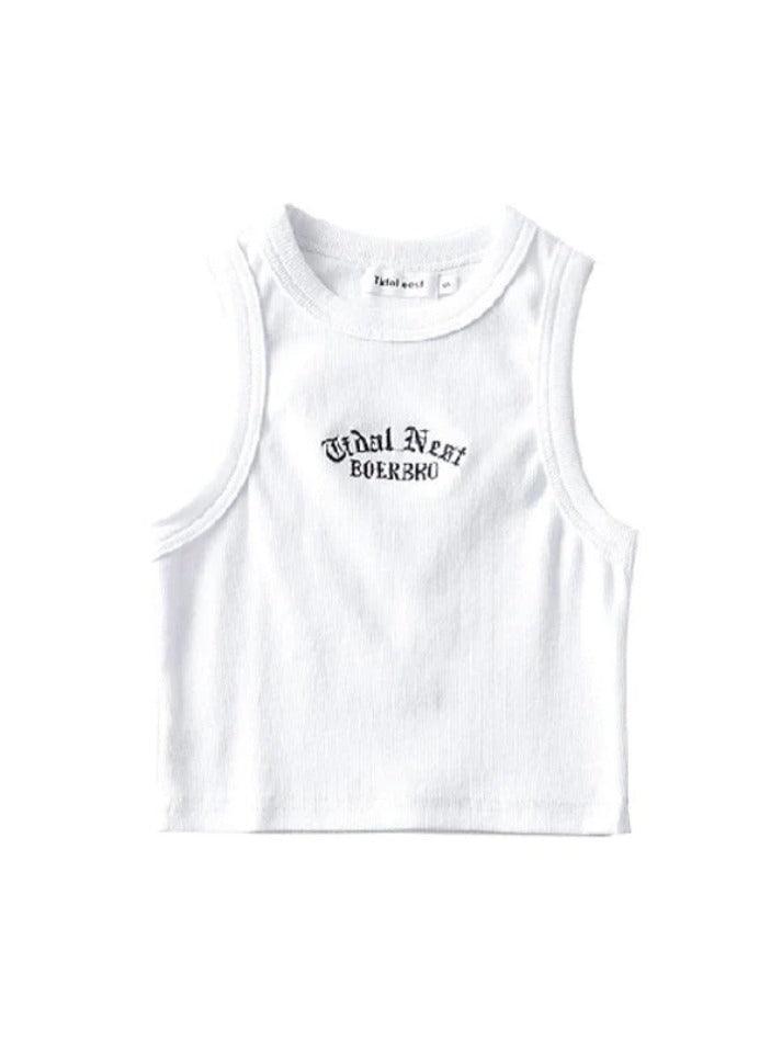 Letter Embroidery Ribbed Cropped Tank Top - AnotherChill