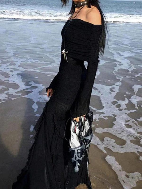 Off Shoulder Ruffle High Slit Maxi Dress - AnotherChill