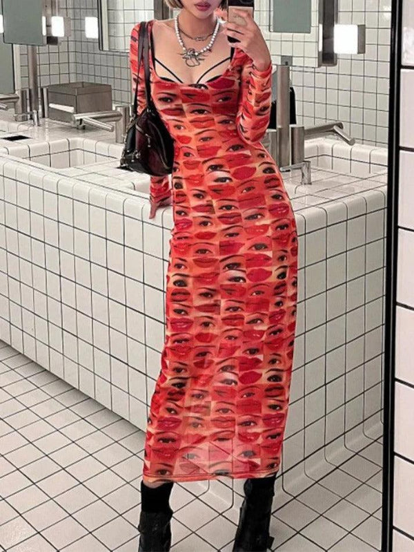 Print U Neck Mesh Slim Midi Dress - AnotherChill