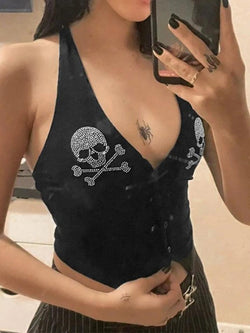 Rhinestone Skull Halter Ribbed Tank Top - AnotherChill