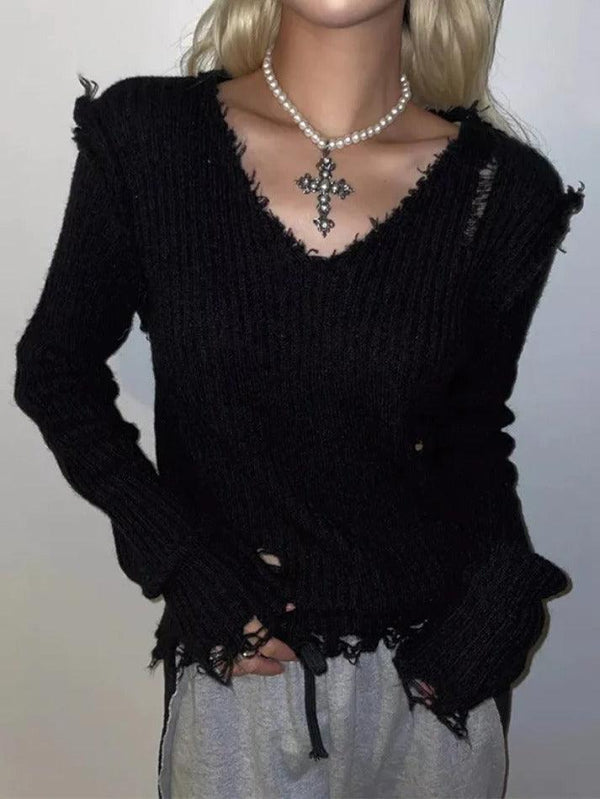 Ribbed Tattered V Neck Sweater - AnotherChill