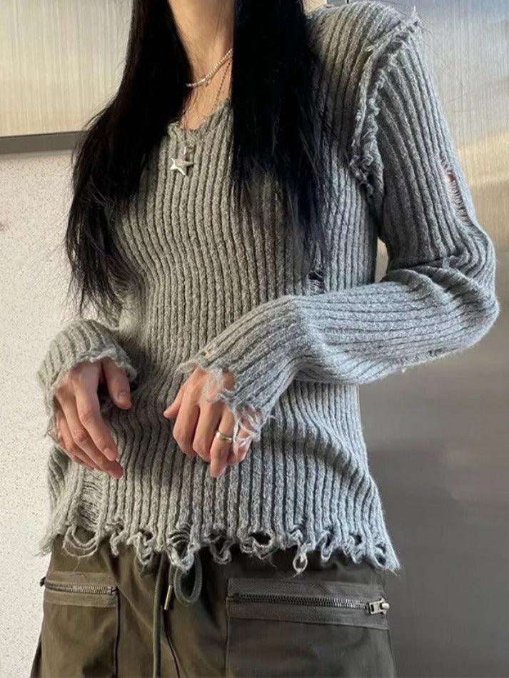 Ribbed Tattered V Neck Sweater - AnotherChill