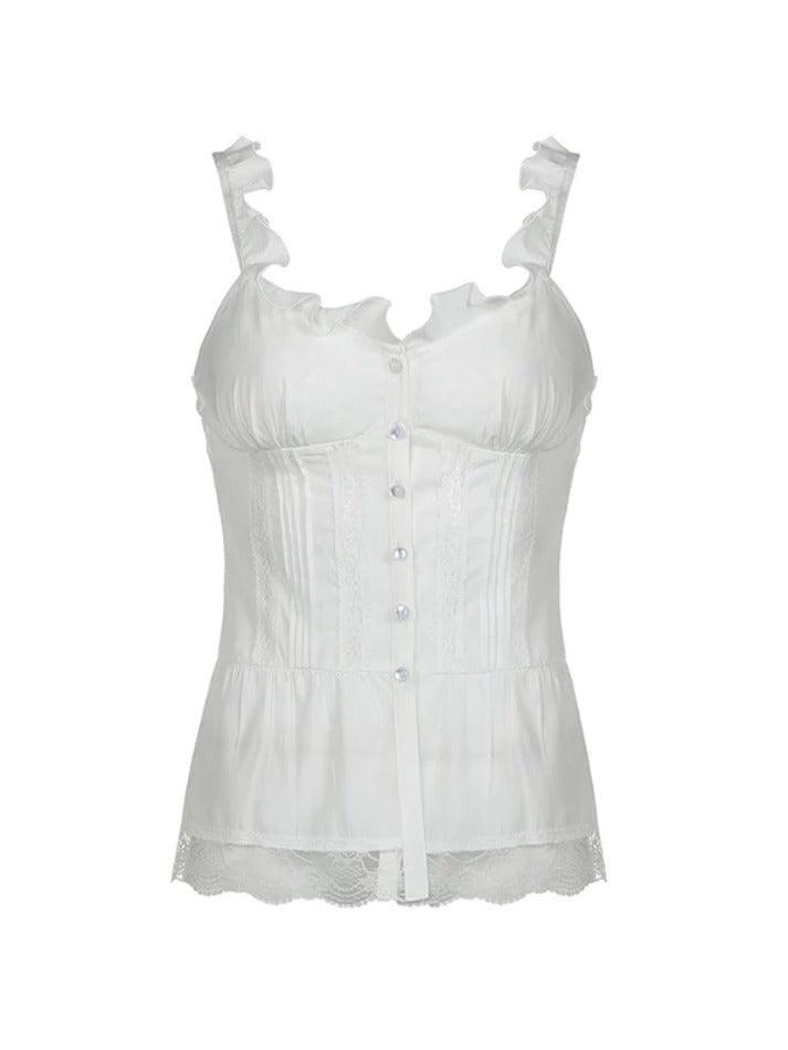 Ruffled Lace Stitching White Tank Top - AnotherChill