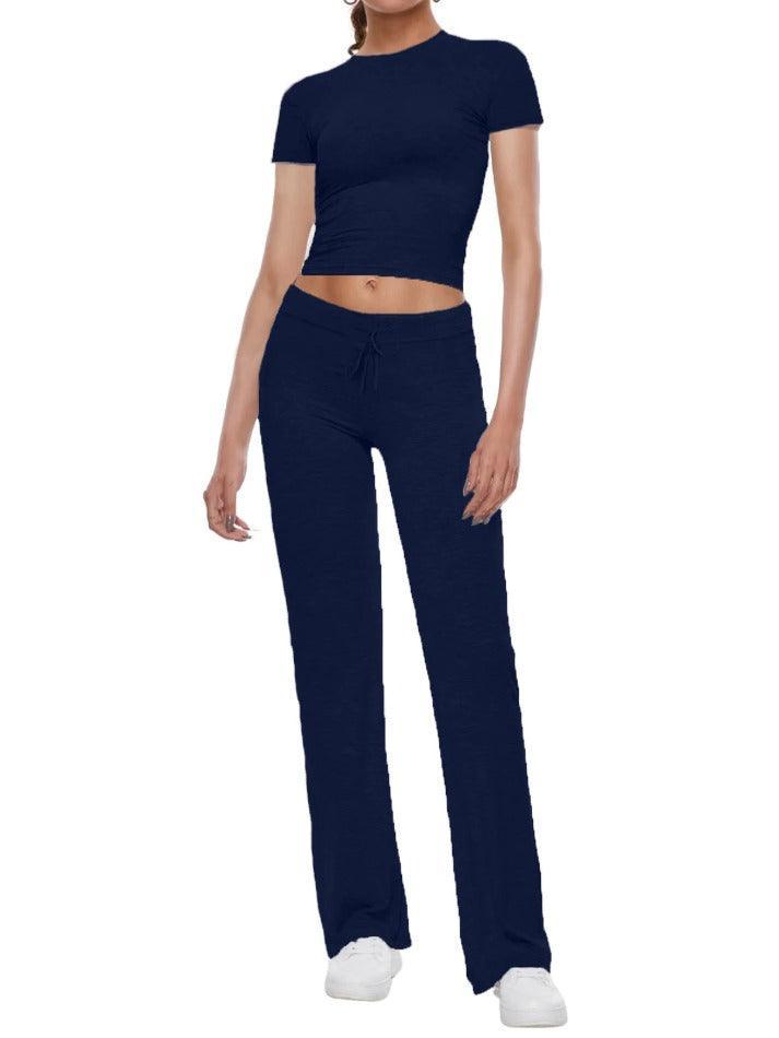 Short Sleeve Cropped Top Straight Leg Pants Set - AnotherChill