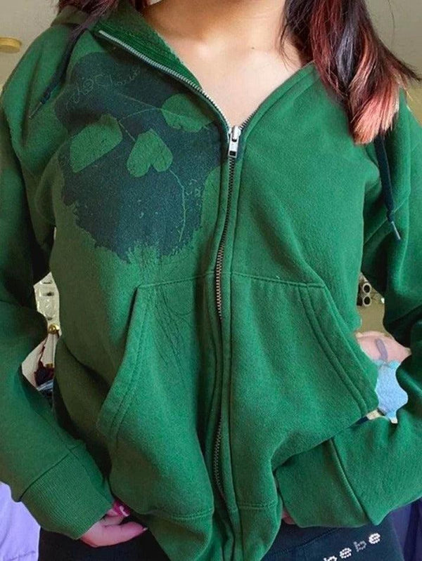 Skull Print Green Zip Up Hoodie - AnotherChill