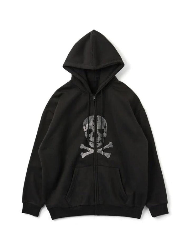 Skull Rhinestone Zip Up Oversized Hoodie - AnotherChill