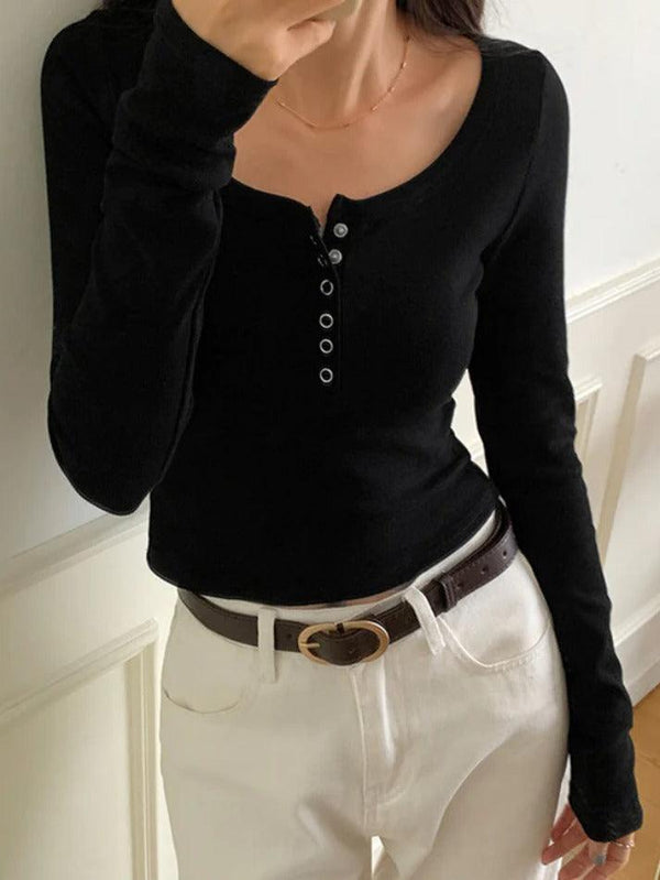Solid Color Ribbed Breasted Slim Long Sleeve Knit - AnotherChill