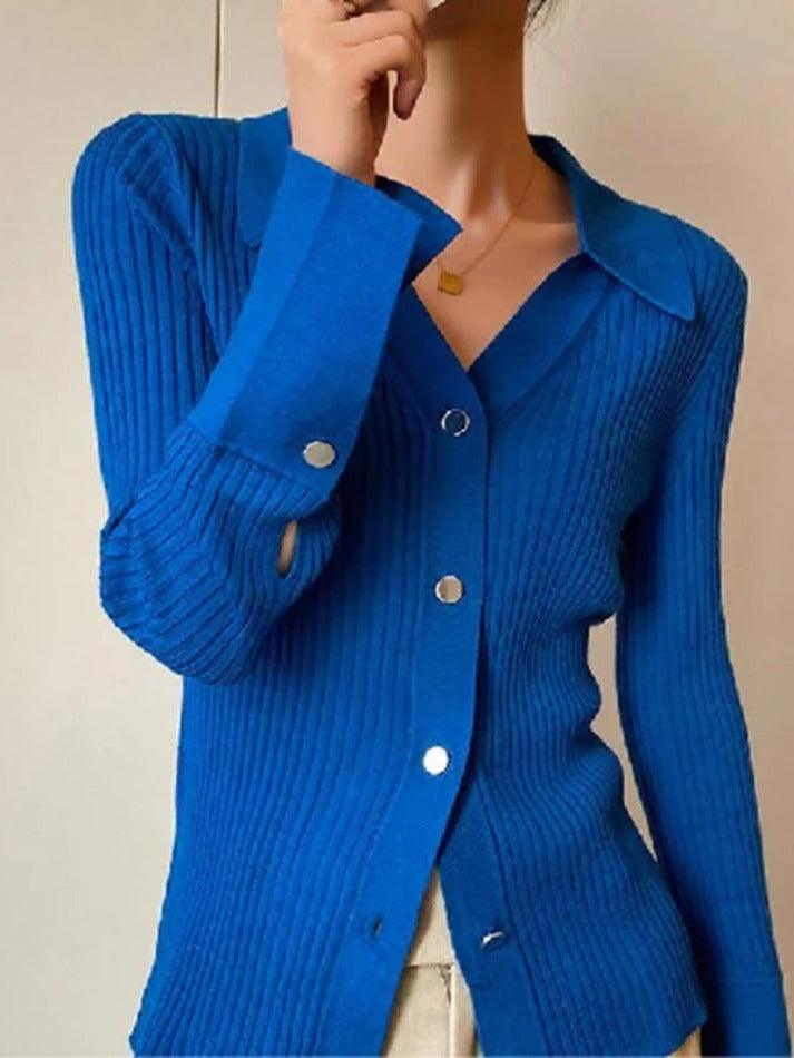 Solid Color Ribbed Metal Button V Neck Cardigan - AnotherChill