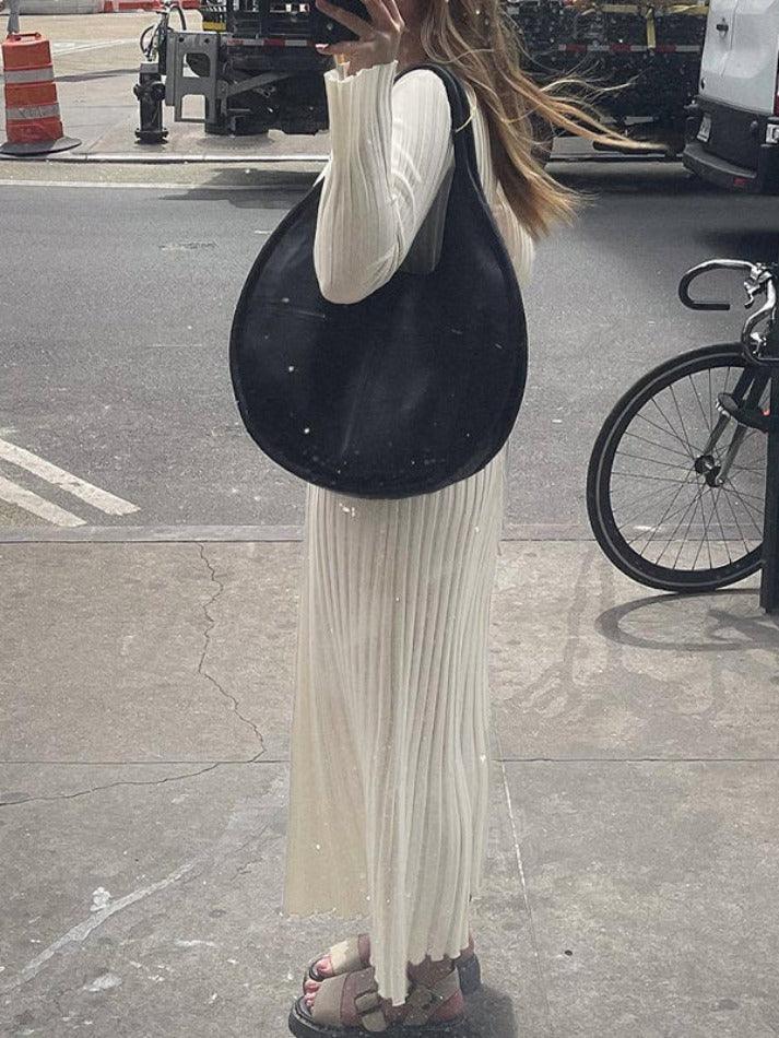 Solid Color Wide Ribbed Design Slim Knit Maxi Dress - AnotherChill