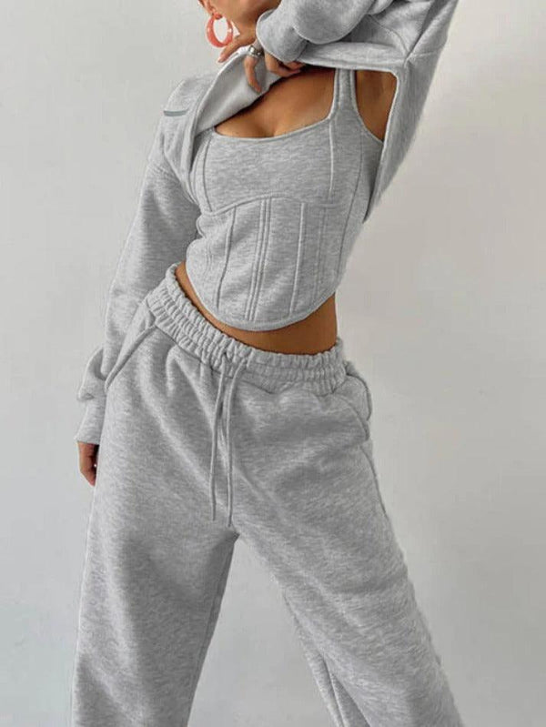 Solid Corset Tank Top Short Hoodie & Drawstring Sweatpants Set - AnotherChill