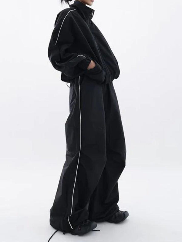 Solid Drawstring Jacket & Bound Feet Wide Leg Pants Set - AnotherChill