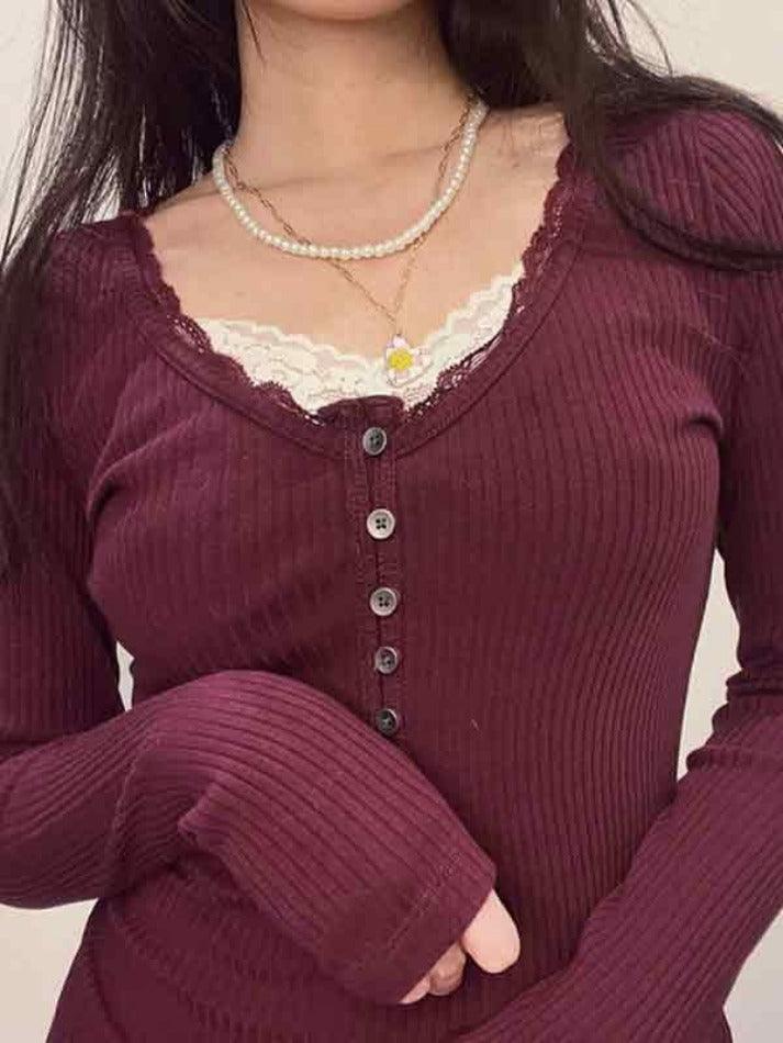 Solid Lace Trim Breasted Long Sleeve Knit - AnotherChill