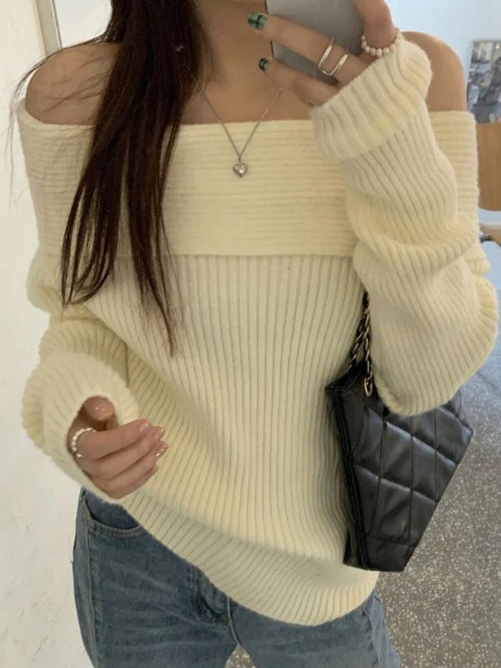 Solid Off Shoulder Knit Sweater - AnotherChill