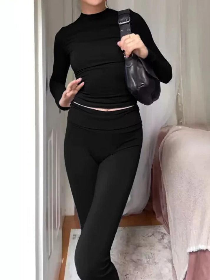 Solid Slim Long Sleeve Tee & Flare Leg Pants Set - AnotherChill