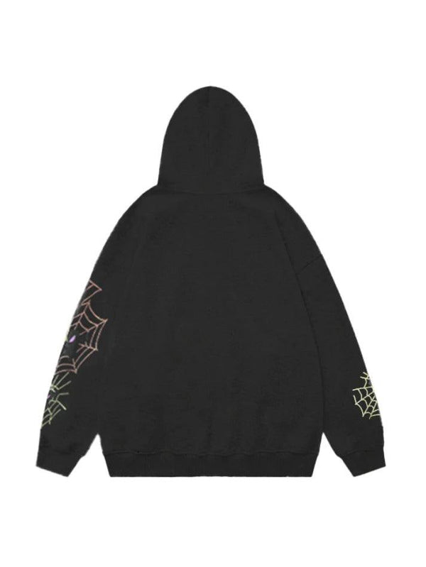 Spider Web Print Embellished Fleece Oversized Hoodie - AnotherChill