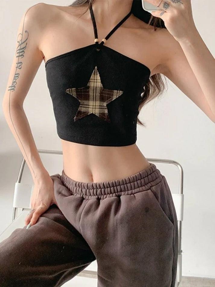 Star Patch Black Halter Crop Cami Top - AnotherChill