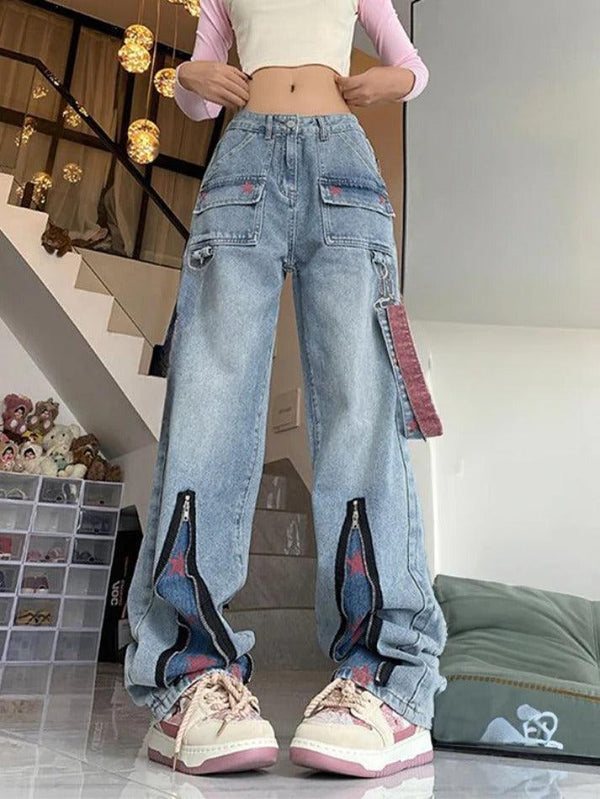 Star Print Zip Up Splice Boyfriend Jeans - AnotherChill