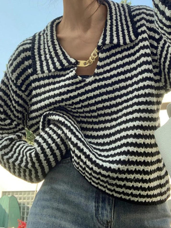 Stripe Lapel Neck Chain Decor Sweater - AnotherChill