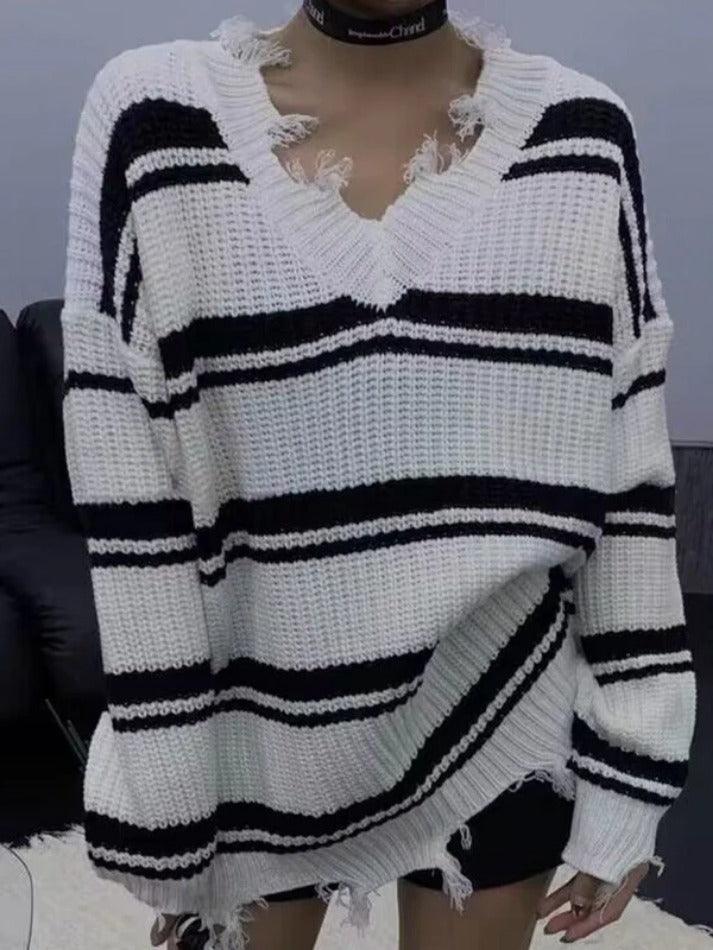 Striped V Neck Frayed Tassel Knit Sweater - AnotherChill