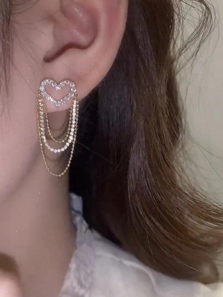 Tassel Chain Rhinestone Heart Earring - AnotherChill