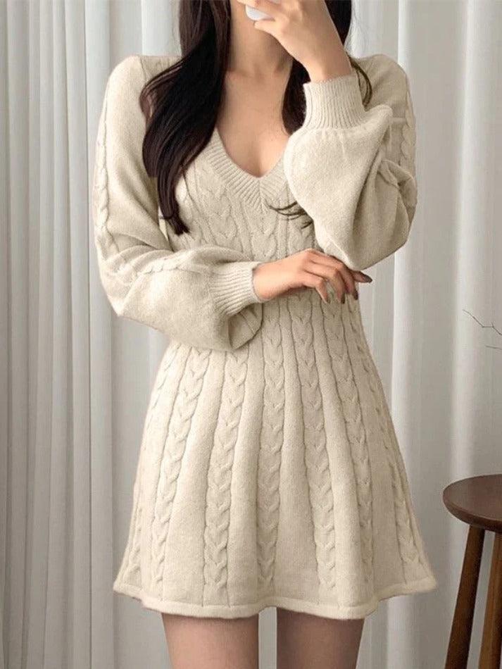 V Neck Long Sleeve Sweater Dress - AnotherChill