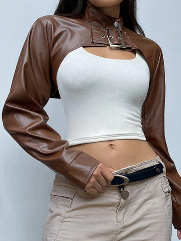 Vintage Brown Ultra Short Metal Buckle Leather Jacket - AnotherChill