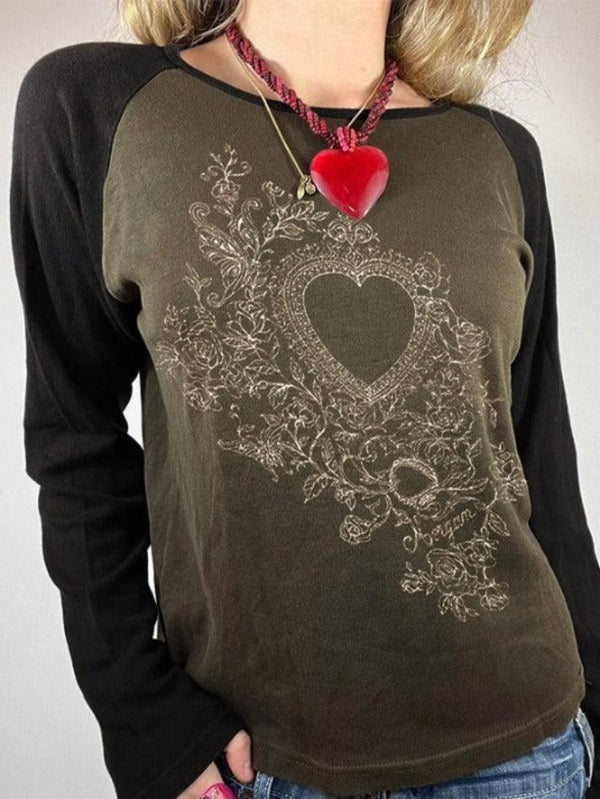 Vintage Heart Print Raglan Long Sleeve Tee - AnotherChill