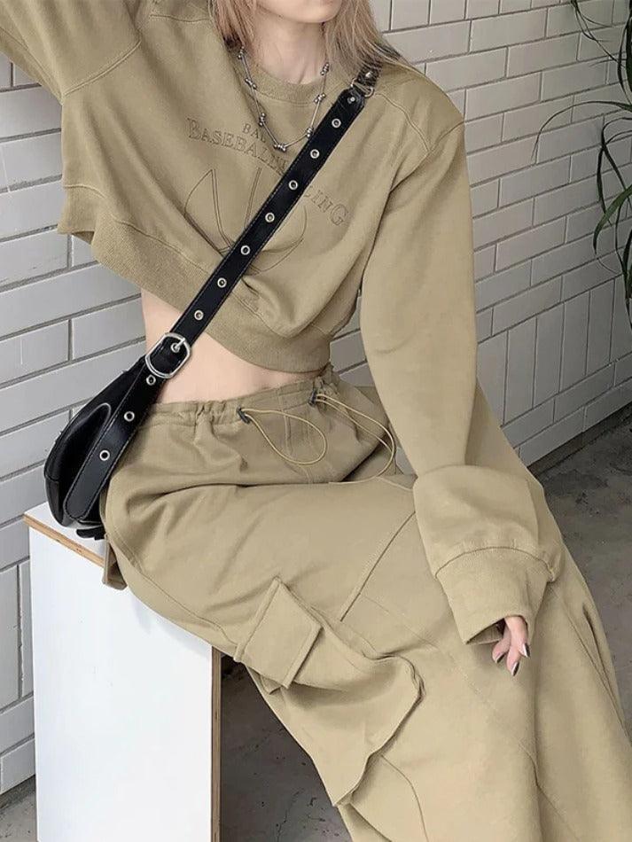Vintage Print Short Sweatshirt & Drawstring Cargo Skirt Set - AnotherChill