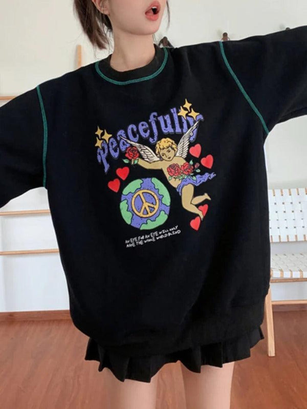 Vintage Print Stitch Detail Baggy Sweatshirt - AnotherChill
