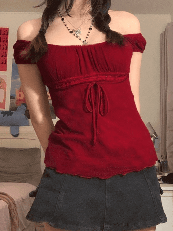 Vintage Tie Front Lace Trim Blouse - AnotherChill