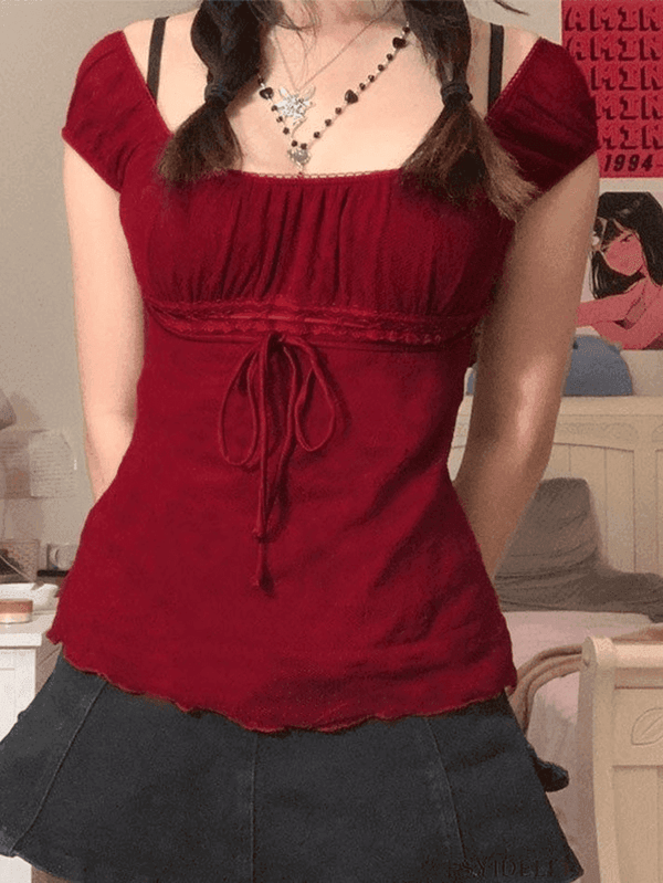 Vintage Tie Front Lace Trim Blouse - AnotherChill