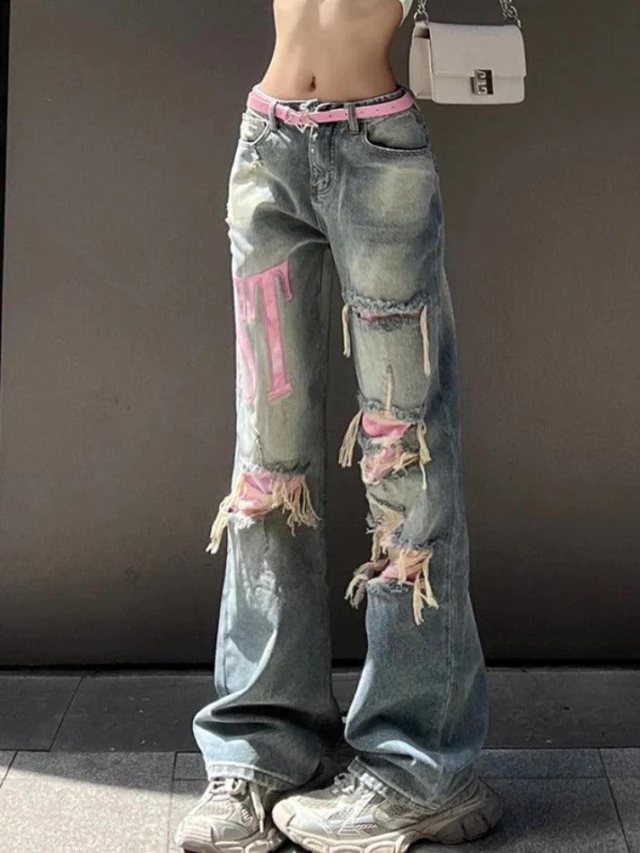 Y2K Pink Ripped Embroidery Boyfriend Jeans - AnotherChill