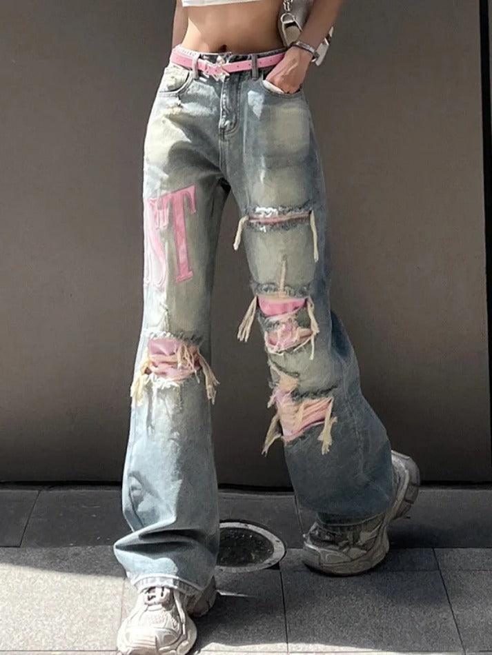 Y2K Pink Ripped Embroidery Boyfriend Jeans - AnotherChill